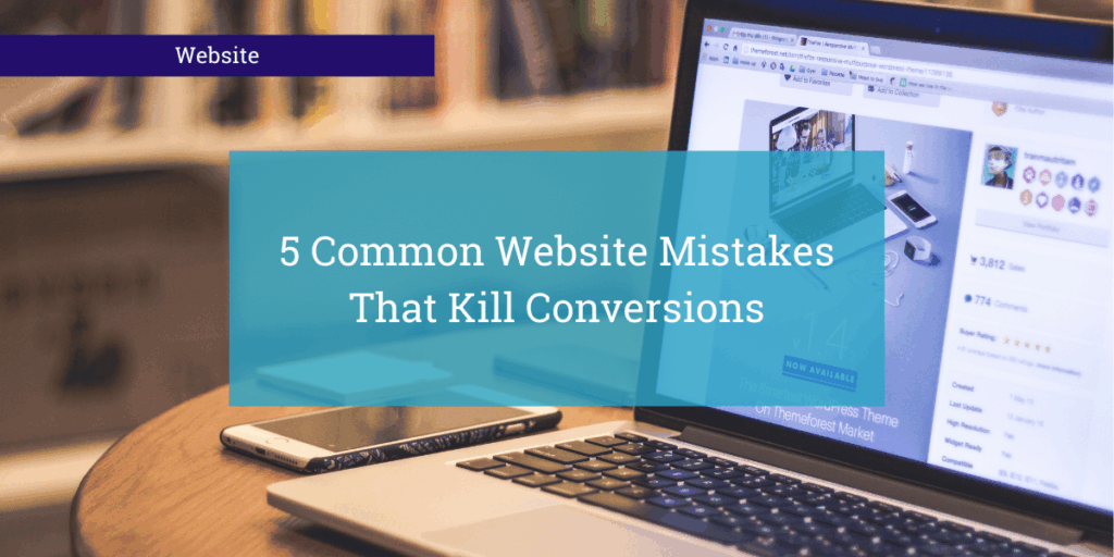 Computer with "5 common website mistakes that kill conversions" text overlaid